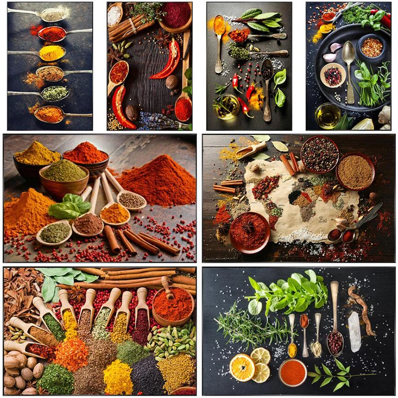 

Kitchen Canvas Painting Grains Spices Spoon Vegetable Food Fruit Poster Print Cuadros Wall Art for Living Room Home Decor