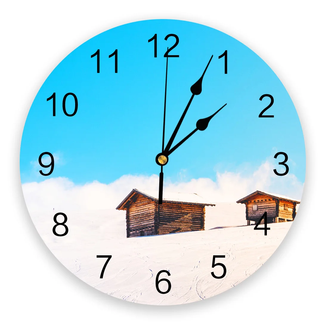 

Winter Snow Hut PVC Wall Clocks for Living Room Bedroom Fashion Printed Hanging Watch for Office Cafe Home Silent Clock