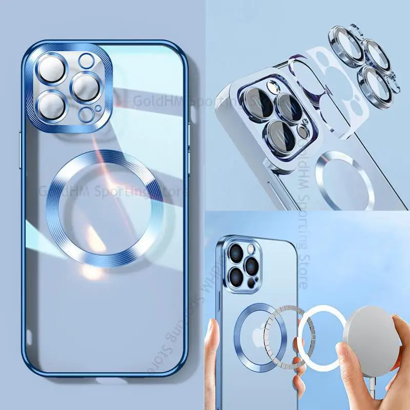 

For Magsafe Magnetic Transparent Phone Case For iPhone 13 Pro Max Tempered Glass Lens Film Protector Clear Cover For Apple12 Pro