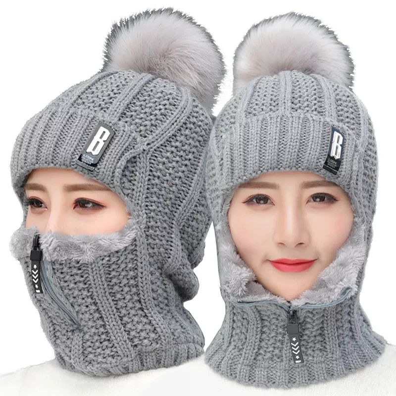 Knitted Wool Ski Hat Full Face Mask Scarf Women Men Outdoor Cycling Warm Thick Balaclava Neck Warmer Hats Pompom Caps