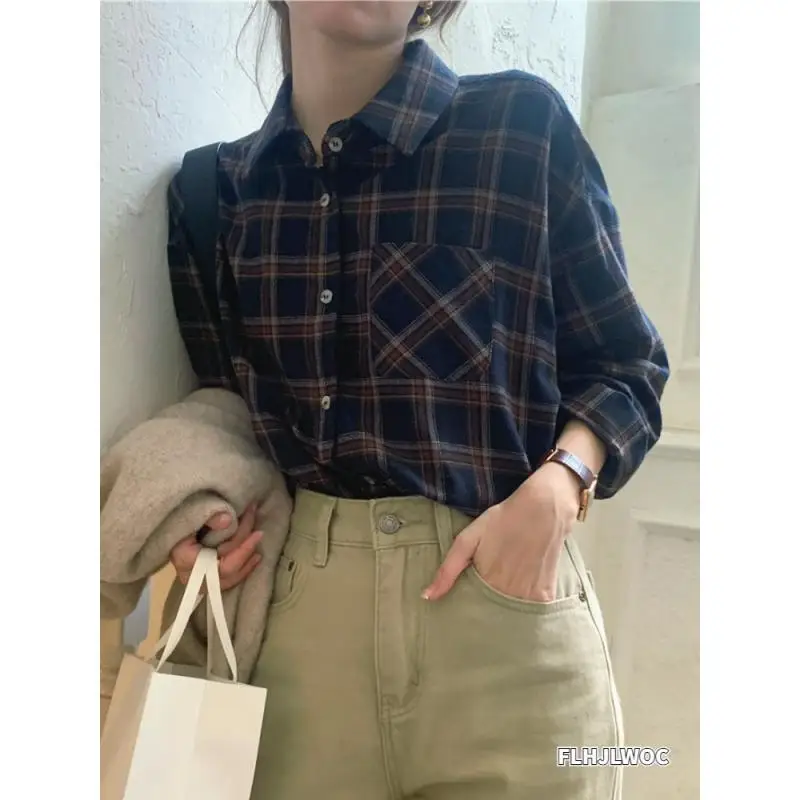 

Cotton Blends Tops New 2023 Spring Summer Casual Loose Retro Vintage Japan Girls Preppy Style Chic Korea Plaid Shirts Blouses