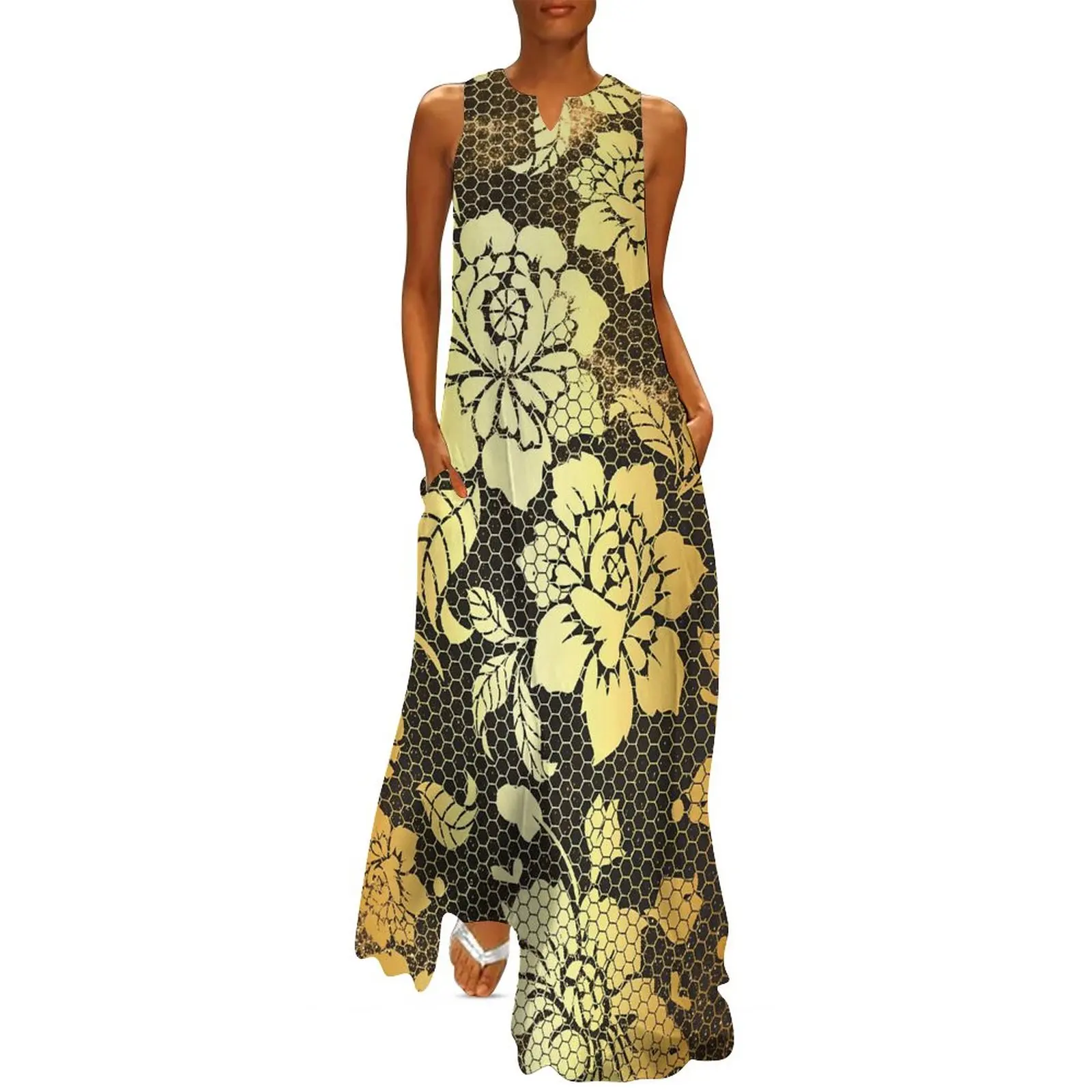 

Женское винтажное платье-макси с V-образным вырезом и принтом