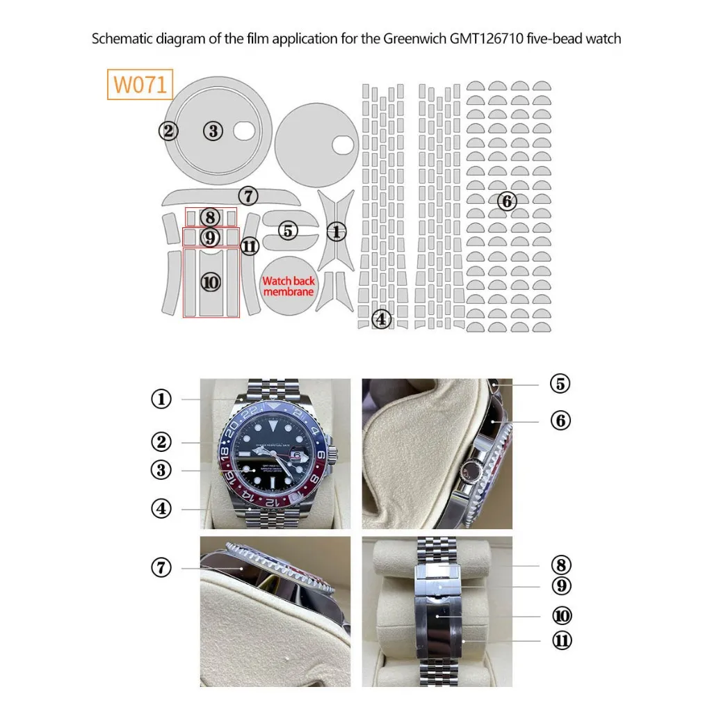 Фото Защитная пленка для Rolex GMT-Master 126710 Jubilee Bracelet, полный комплект, водонепроницаемая, высокопрозрачная. №2