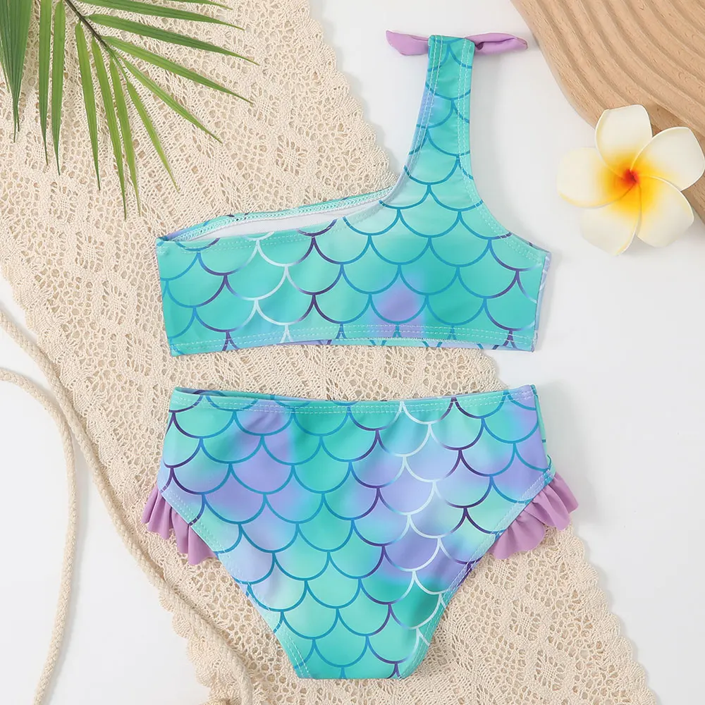 Fish Scale Print Girl Swimsuit Kids Mermaid Two Piece Children's Swimwear One Shoulder Bikini Set 2-8 Years Toddler Bathing Suit