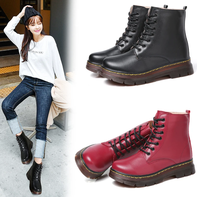 2022 Women's Snow Boots Genuine Leather Autumn Winter Flat Heel Daily Shoes Ankle Boots Plus Fur Platform Ladies British Girls