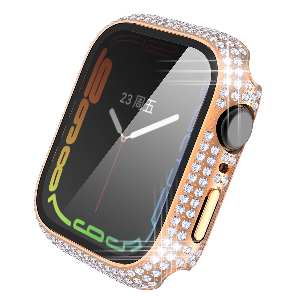 Full Diamond Protective Cover for Apple Watch 8 7 41mm 45mm Accessories Diamond Screen Protector Tempered Glass for Iwatch 8 7