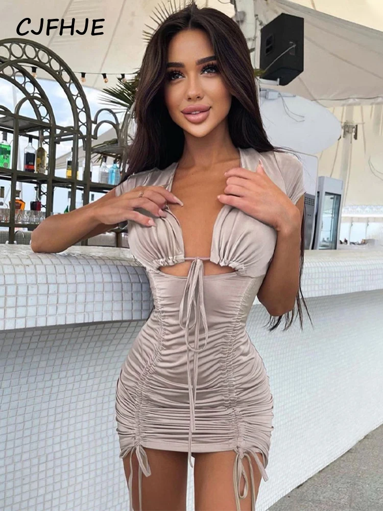 

CJFHJE Drawstring Bandage Sleeveless Backless Ruched Pleated Mini Dress 2022 Evening Party Sexy Slim Elegant Y2K Clothing