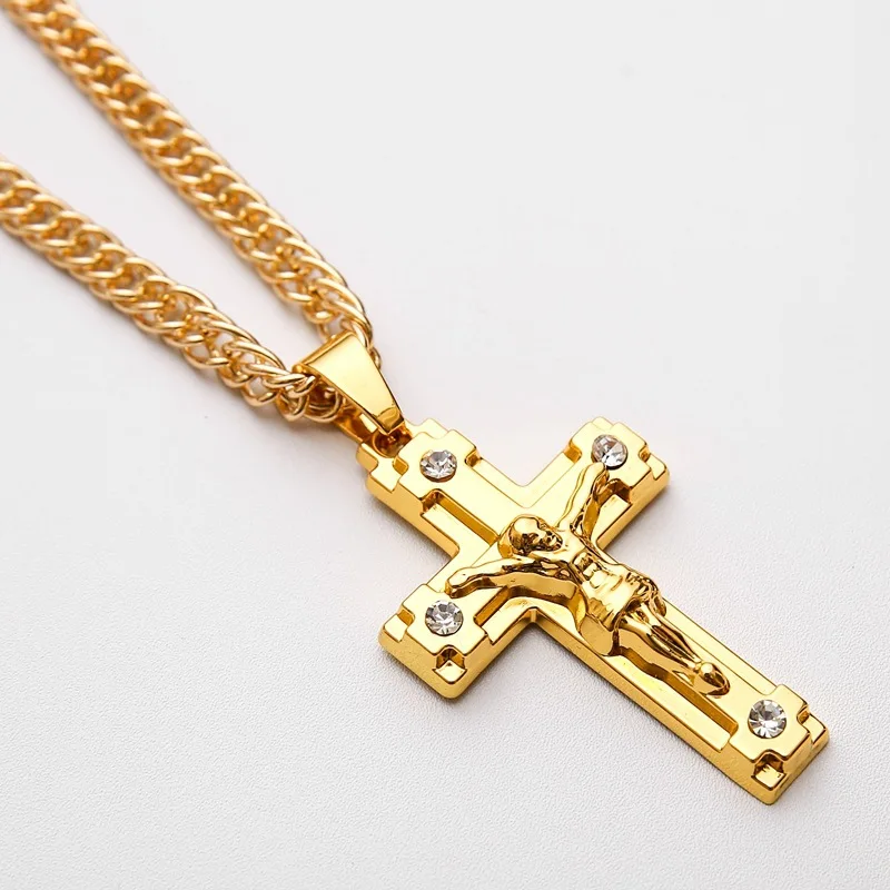

Hip hop mens 18K Gold Plated Jesus Cross Medal Pendant Necklace Hip hop Rap Golden Crucifixio Pendant & 24" Cuban Chain Necklace