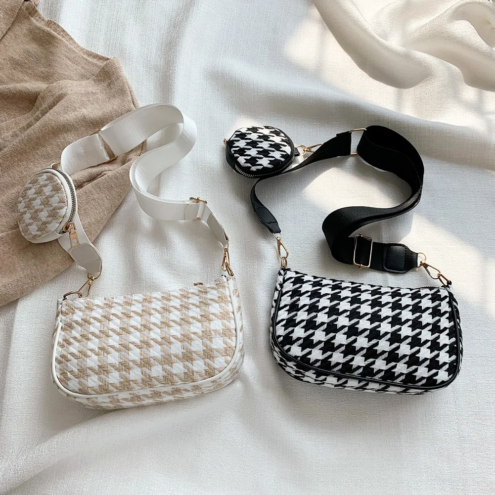 

Female Vintage Plaid Printing Shoulder Bags with Mini Round Purse Pendant Women Bags Casual Small Crossbody Bags 2pcs Composites