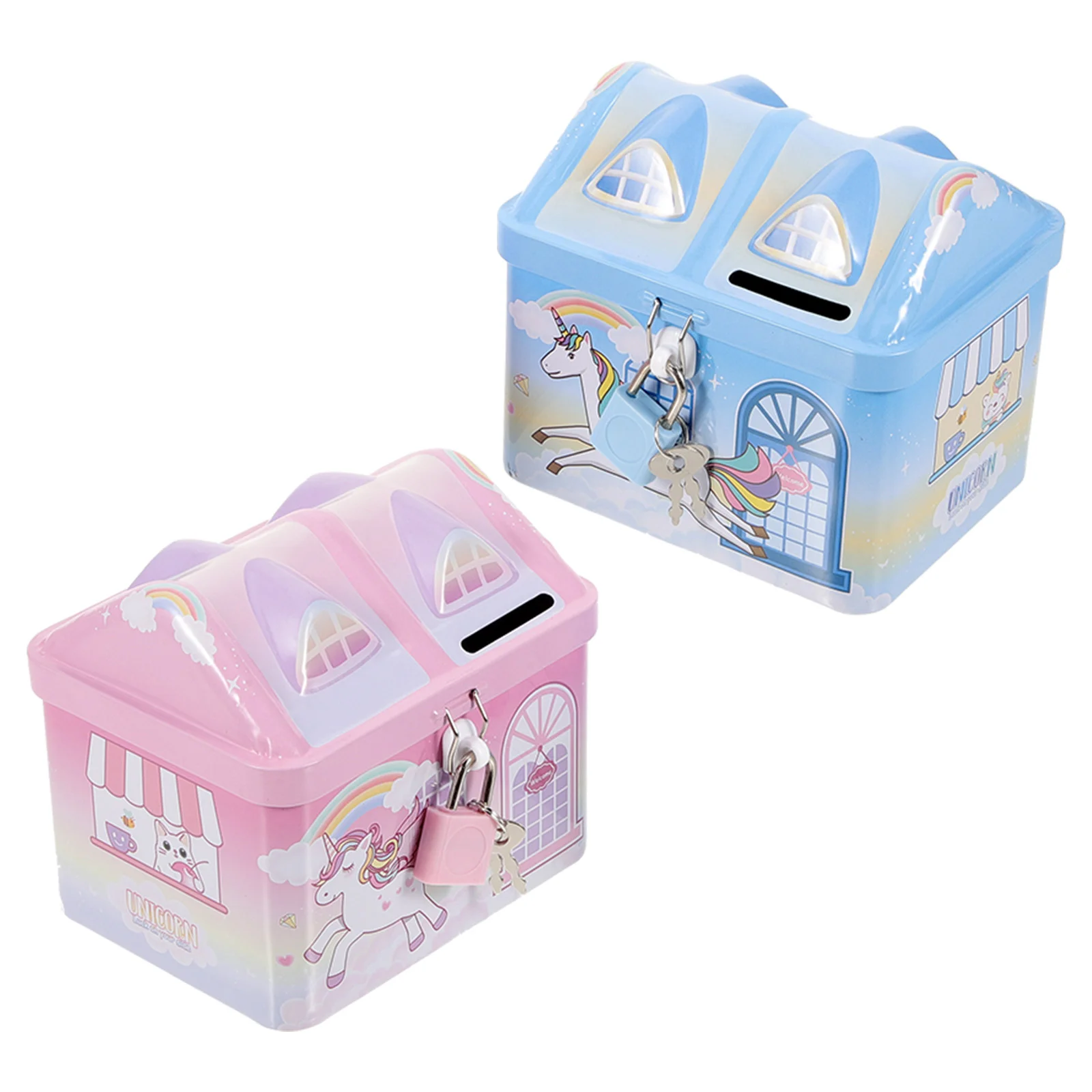 

2Pcs Unicorn Saving Pot Cartoon House Piggy Bank Adorable Money Pot with Lock