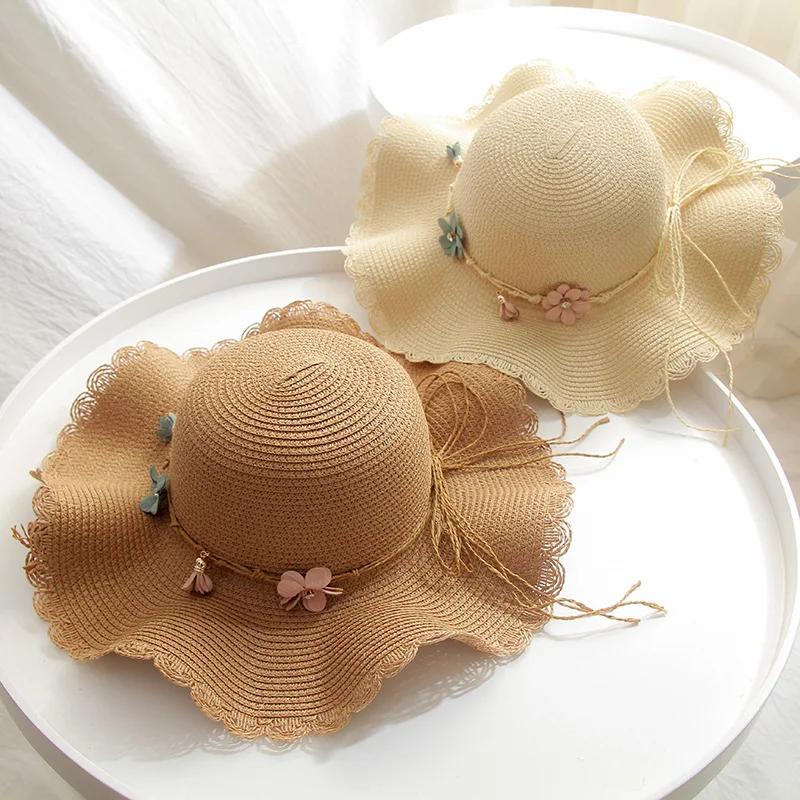 

Parent-child Summer New Women's Sun Hat Bucket cap beige lace Bowknot Flowers Ribbon Flat top Straw Hat Beach Caps Panama