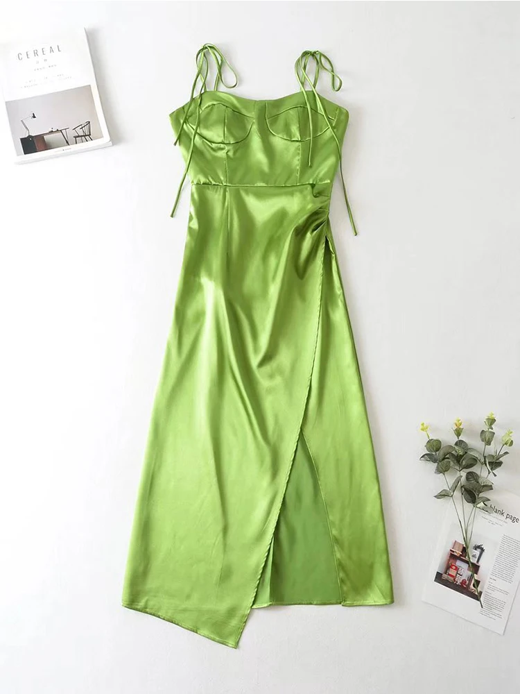 

Women Strappy Spaghetti Strap Satin Green Dress Summer Sleeveless Backless Slim A-line Midi Split Dresses 2022