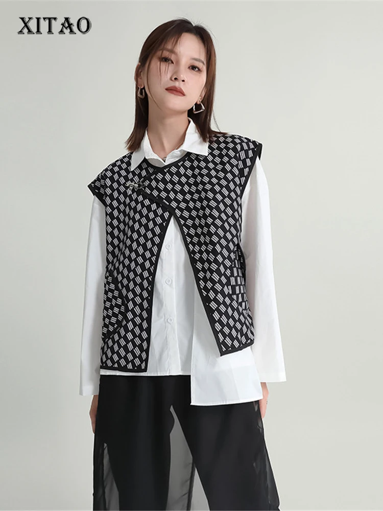 

Женский Асимметричный жилет XITAO, элегантный клетчатый жилет без рукавов с принтом, осень 2022, свободный стиль, WLD9094