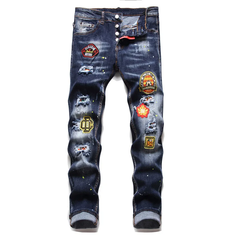

Джинсы DSQUARED2 мужские, синие, эластичные, рваные, с вышивкой, в стиле хип-хоп