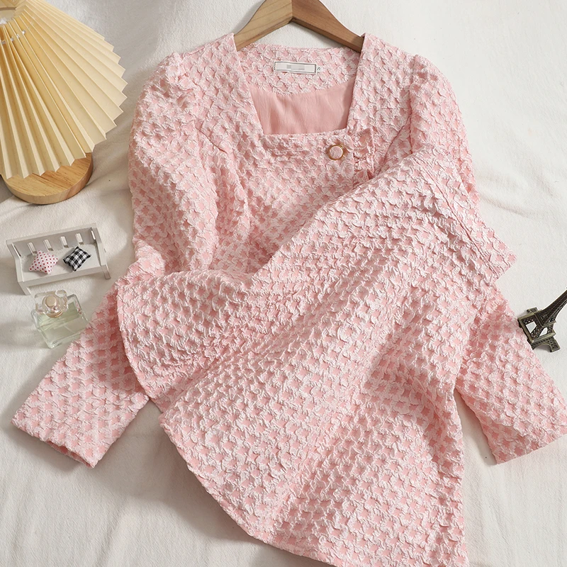 

WDMSNA 2022 осенние однобортные женские блузки с квадратным вырезом короткий топ + трапециевидная Жаккардовая юбка женские комплекты из двух пр...