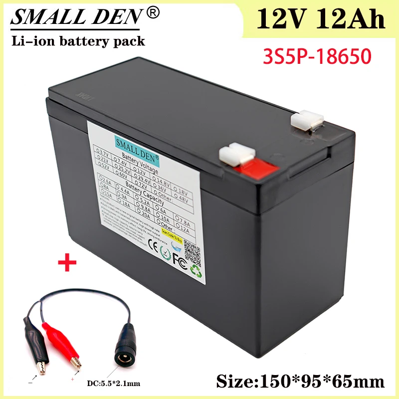 12V 12Ah 18650 Lithium Ion Battery Pack 3S5P Built-in 20A Balanced BMS for 12V Toy Cars Lights Uninterruptible Power Supply