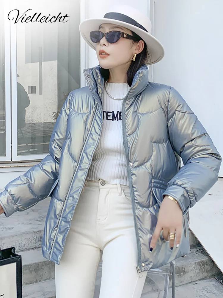 Vielleicht 2022 Short Women Winter Jacket Stand Collar Bright Shiny Fabric Female Coat Padded Parkas Solid Winter Clothes Women