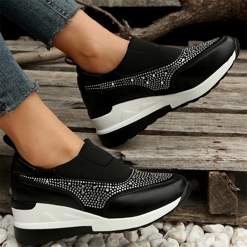 Women Crystal Sneakers Spring Autumn Casual Zipper Flat Shoes Women Non-slip Breathable Outdoor Vulcanized Shoes Woman