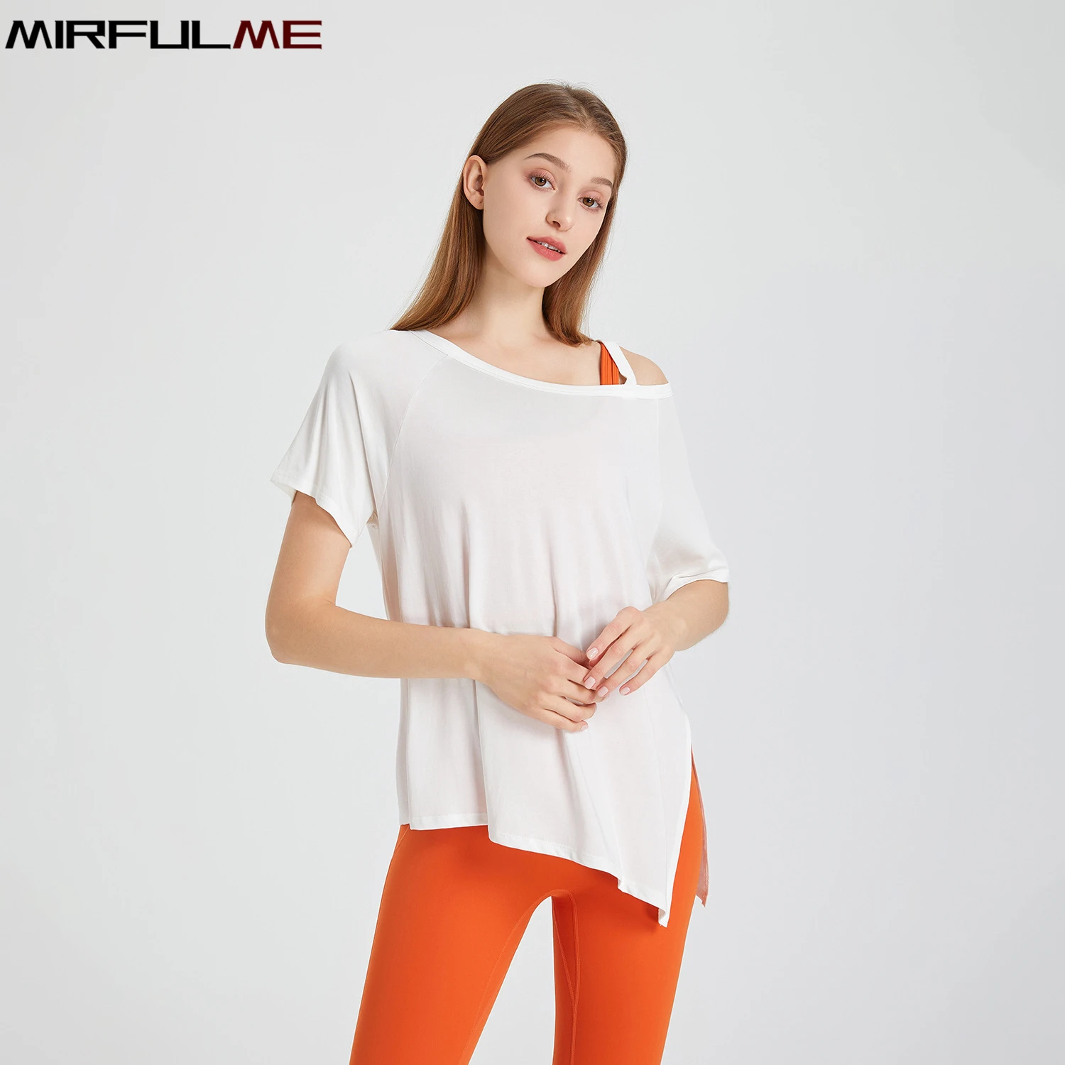 Women Loose Yoga Shirts Off Shoulder Sport Shirt Breathable Short Sleeve Running T-shirts Gym Fitness Tops Splited Blouse Female