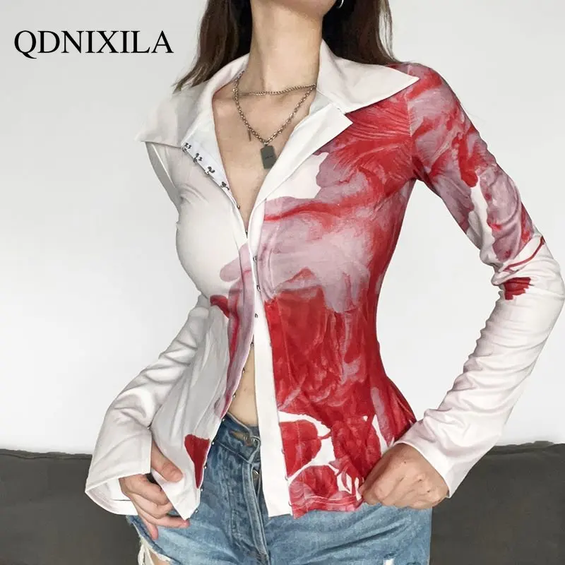 

Women's Shirt & Blouse Irregular Smudge Printing Lapel Long Sleeve Cardigan Women's T-shirt Fashion Sexy Top Women Blouse