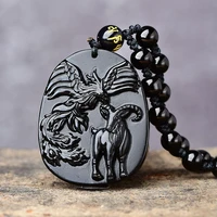 natural black obsidian hand carved phoenix sheep pendant fashion boutique mens and womens twelve zodiac two in one necklace