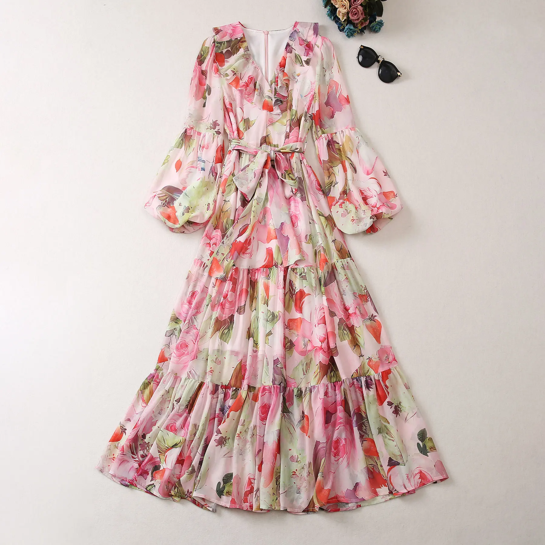 

Женское платье в европейском и американском стиле, Новое Стильное плиссированное платье с длинным рукавом-фонариком, V-образным вырезом и цветочным принтом, лето 2023