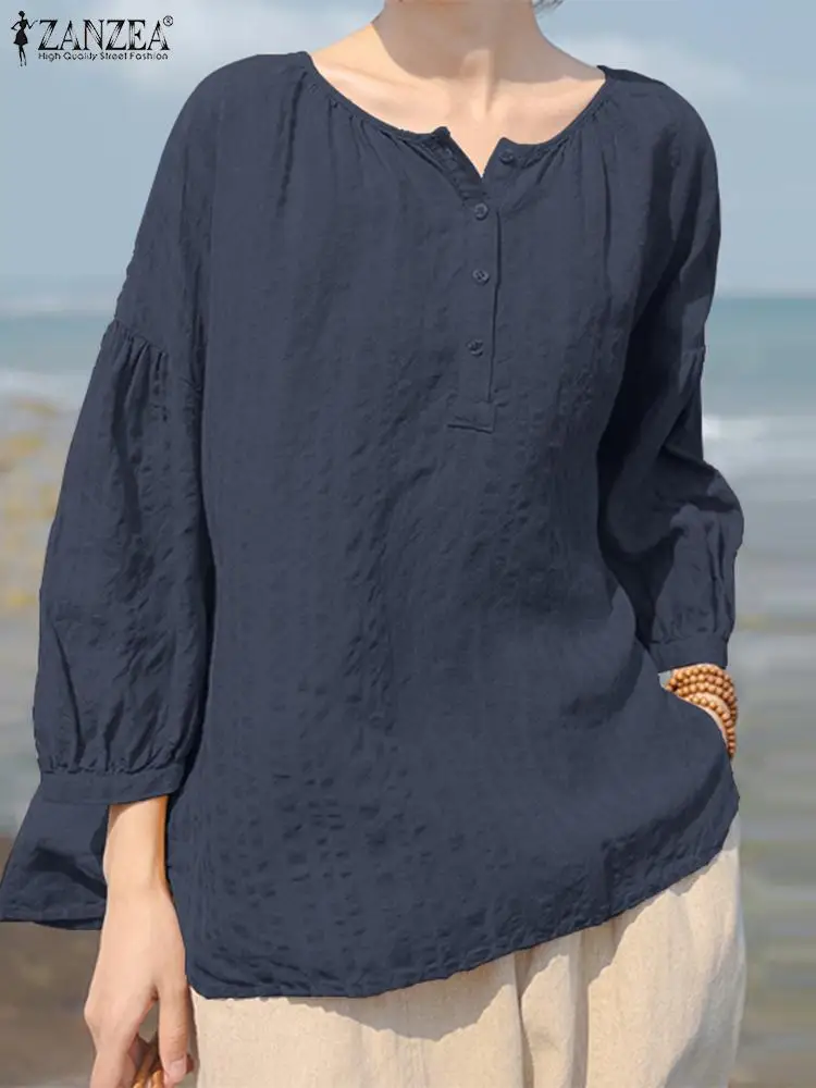

2023 ZANZEA Women Autumn O Neck 3/4 Sleeve Loose Shirt Female Fashion Work Tops Casual Solid Blouse Vintage Party Blusas Chemise