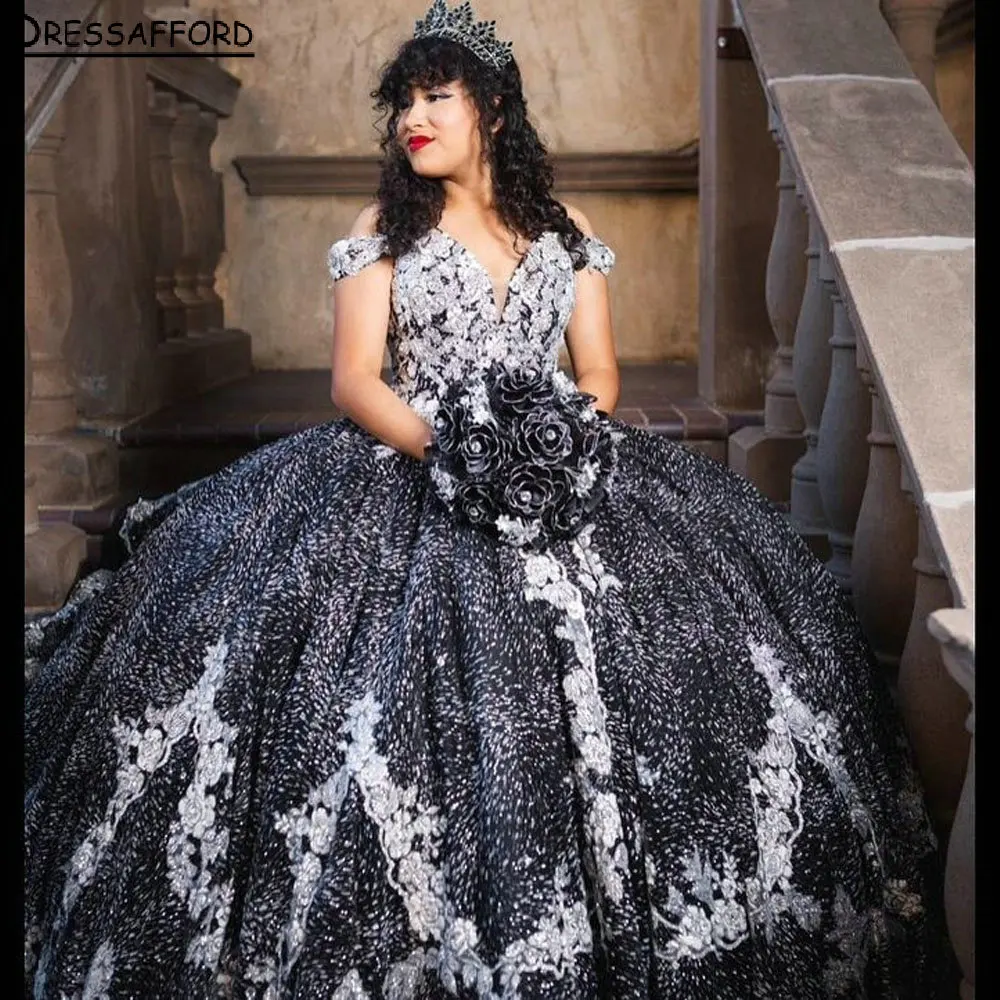

Черный корсет с открытыми плечами, платье для Quinceanera, бальное платье с оформлением выпускного вечера, 7-е платье XV лет