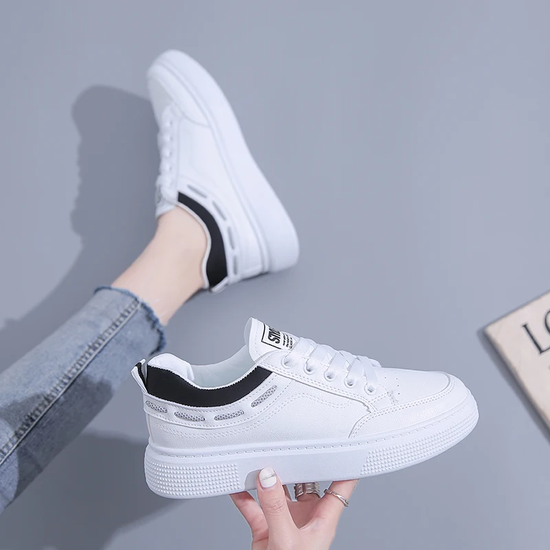 New Classic White Leather School Sneakers Women Comfortable PU Breathable Shose Women Outdoor Walking Non Slip Women Flat Shoes