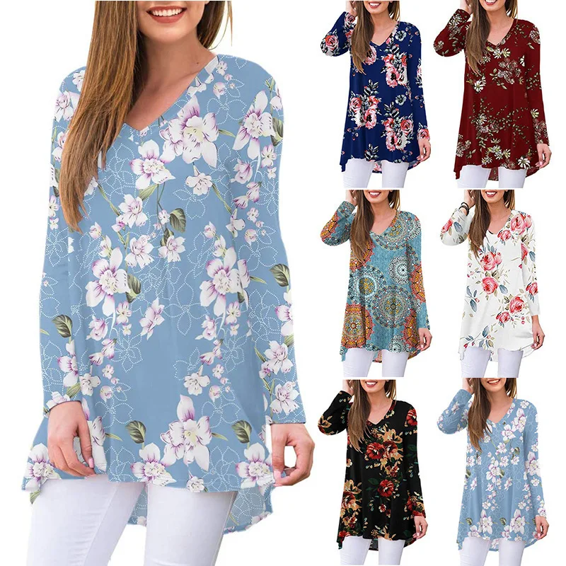 

Printed V-neck long sleeve T-shirt medium long casual flower top