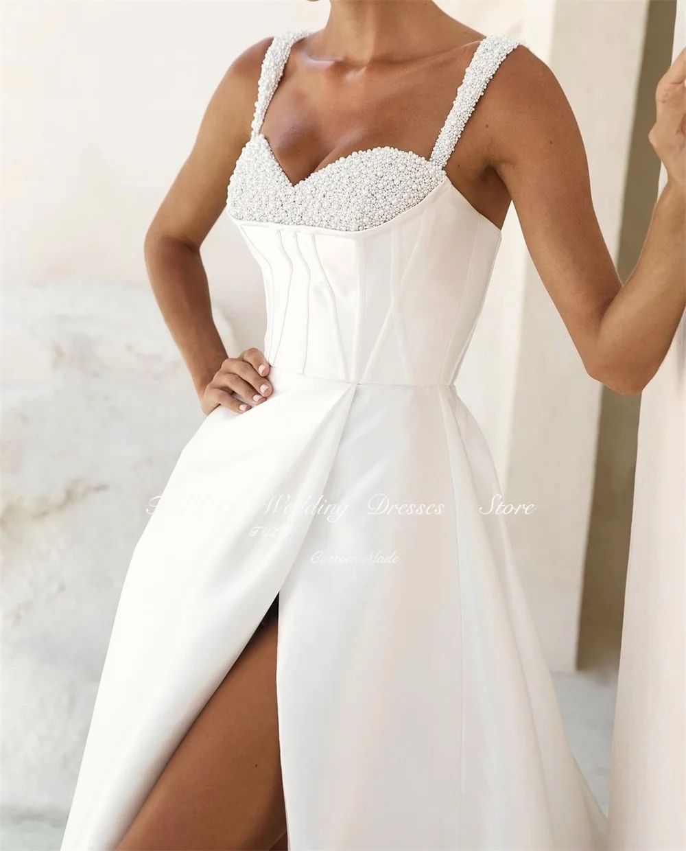 TULX Элегантное милое свадебное платье с бисером на тонких бретельках длинное