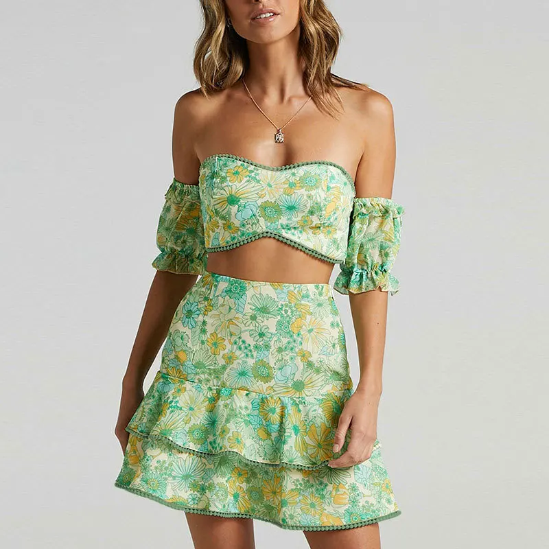 Женский топ с пышными рукавами и короткой юбкой высокой талией повседневный