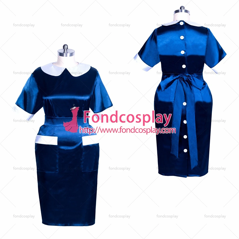 

adult sexy cross dressing sissy maid short navy blue Satin smock Uniform white buttons Tailor-made[G3871]