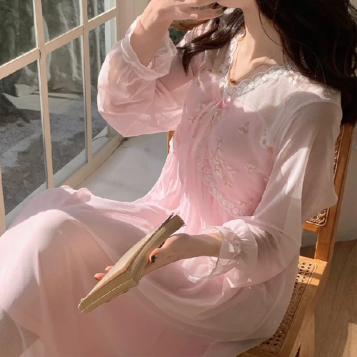 Nightgown Embroidered Flower Sweet Gauze Palace Style Long Sleeve Nightdress Sleepwear Spring Summer Female Home Dressing Gown