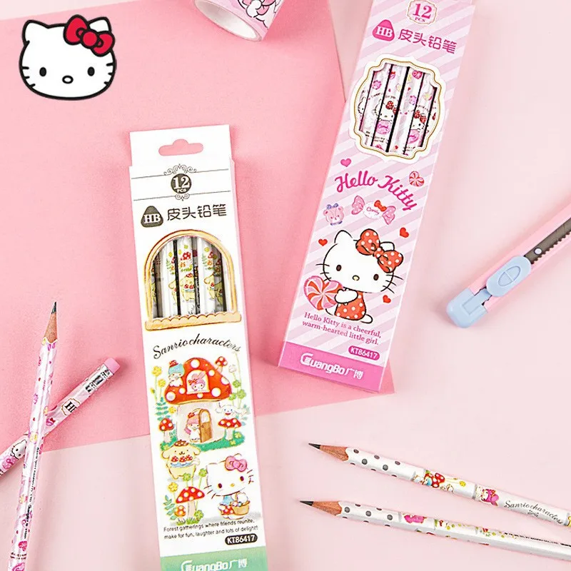 

12 Pcs Hello Kittys Kawaii Sanrios Pencils Pompom Purins Anime Characters Students Study Stationery Eraser Pen Christmas Gift