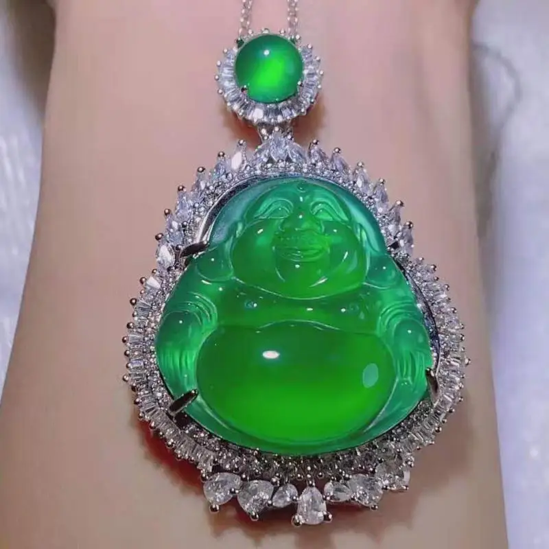 

Natural Green Jade Buddha Pendant Necklace Men Women Fine Jewelry Genuine Myanmar Jadeite Maitreya Buddha Fengshui Charms Amulet