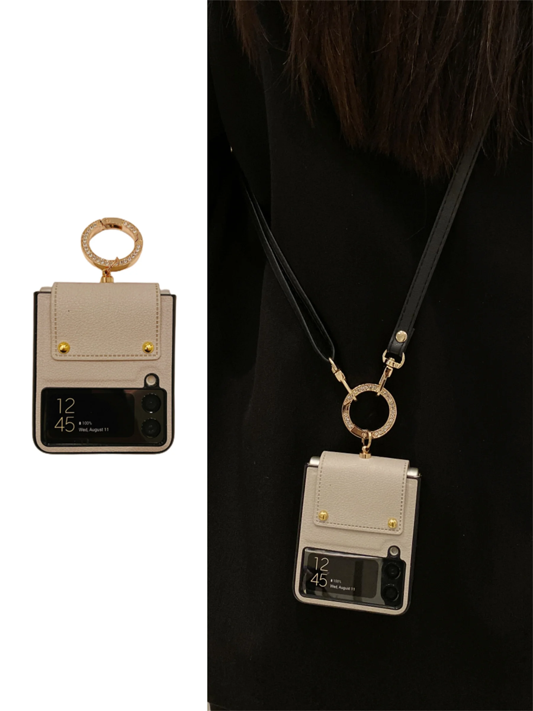 

Korean Crossbody Lanyard Leather Strap Case Glitter Ring Case for Samsung Galaxy Z Flip 3 5G Z Flip3 Flip4 Zflip3 Zflip4 Cover