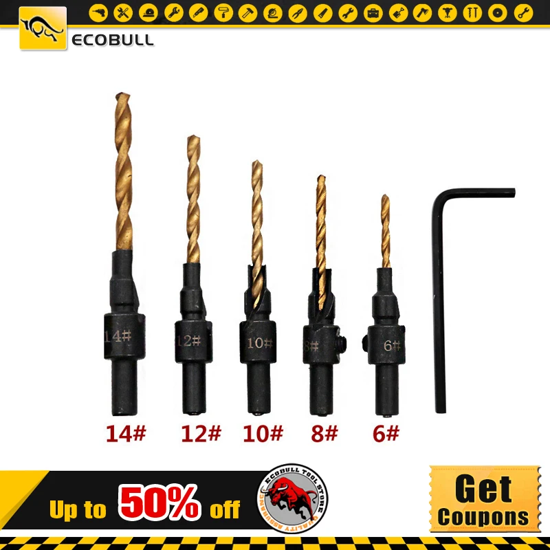 

5pcs/set 1/4 Inch Round Handle Titanium-plated Taper Hole Drill HSS Wood Board Hole Opener Reaming Countersunk Head Chamferer