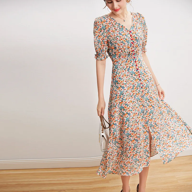 French LadyStyle 100% Mulberry Silk Summer Dress Women  Shirring Floral Printing Puff Sleeve Split Midi Dresses Retro Robe
