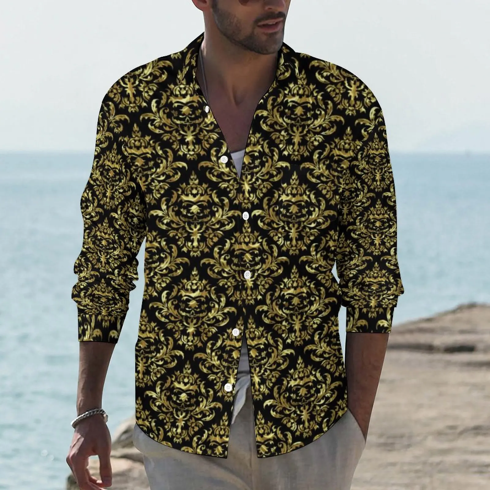 

Gold Baroque Floral Shirt Spring Geometric Pattern Casual Shirts Men Fashion Blouses Long Sleeve Printed Aesthetic Top Plus Size