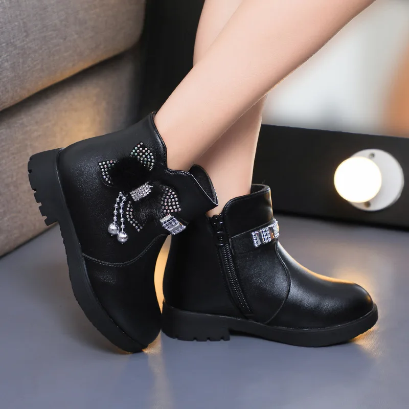 

Children's Girls Princess Fashion Boots Bling Rhinestone 2023 Winter Leather Kids Shoes Warm Bowknot Plush NON-SLIP Boots