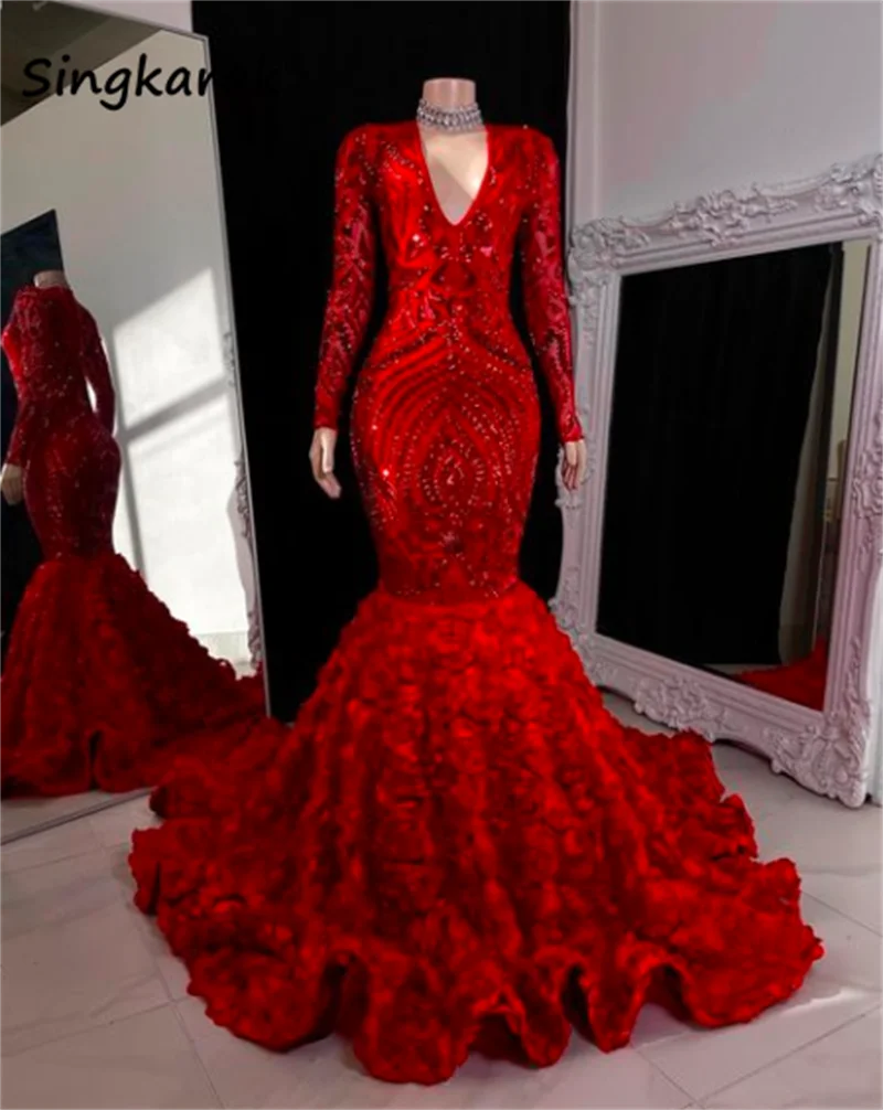 

Sparkly Sexy Red Mermaid African Prom Dresses 2023 Glitter Sequins Ruffles Birthday Party Dress Evening Gown Formal Aso Ebi