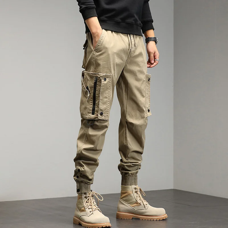 

Khaki Cargo Pants Men Drawstring Ankle Length 9 Part Trousers Streetwear Fashion Cotton Pants Men Casual Work Pants Military