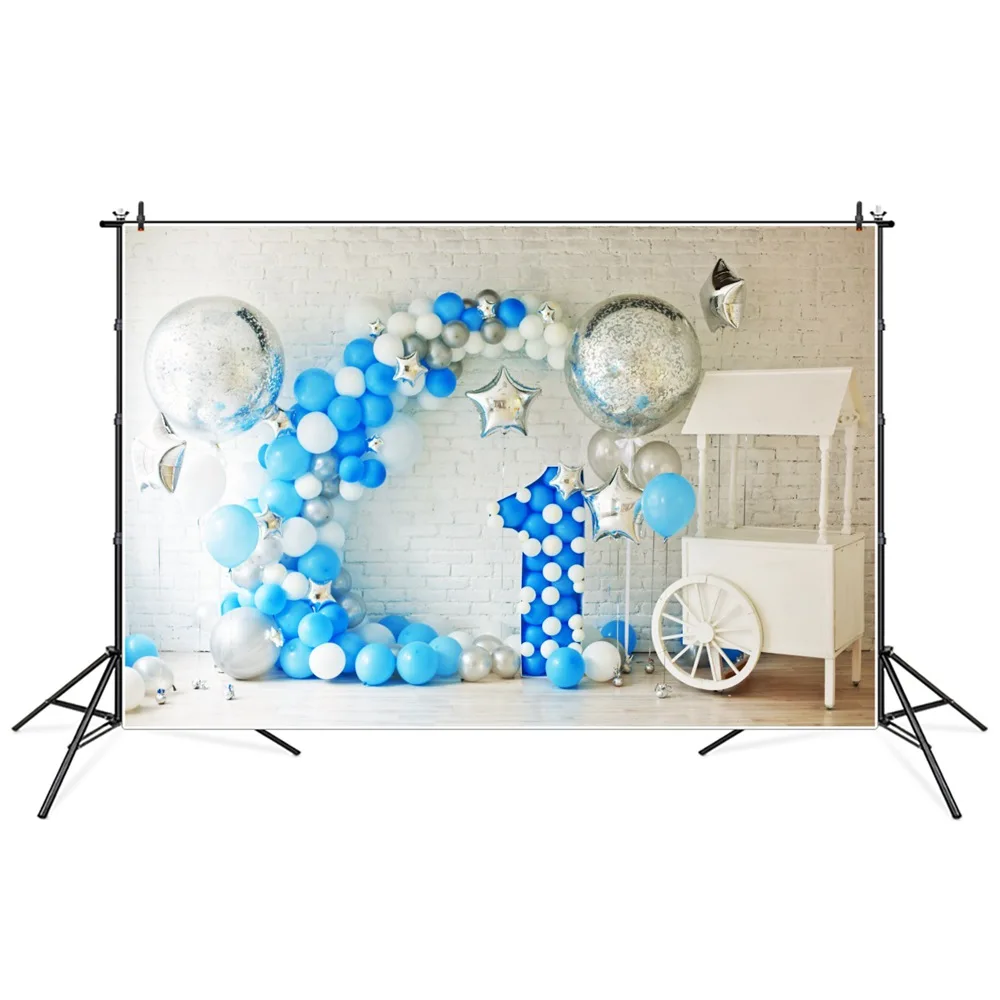 

Boys Blue Balloon 1st Baby Birthday Party Decoration Photography Backdrops Pure White Brick Wall Carriage Photoshoot Backgrounds