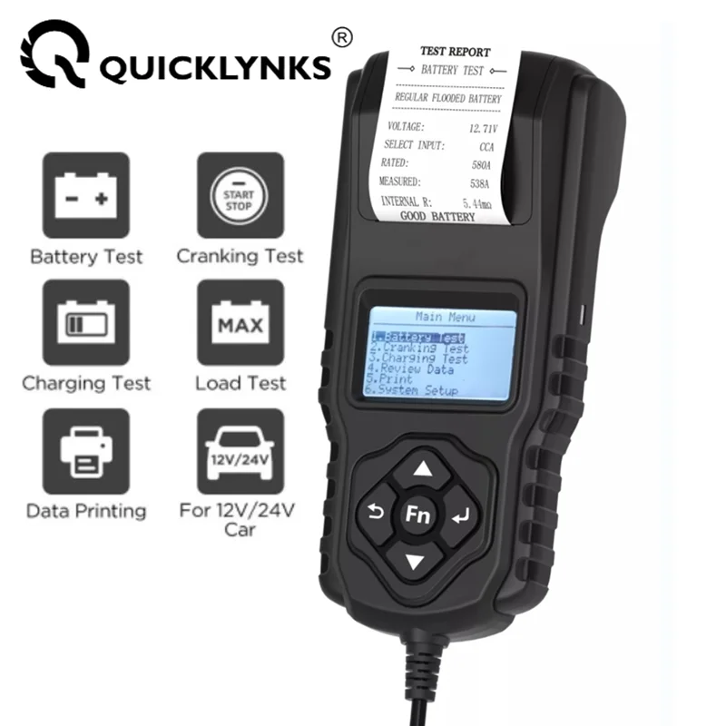 QUICKLYNKS 12V 24V Automotive Battery Load Tester with Printer 100-2000 CCA Car Battery Analyzer Auto Cranking & Charging System