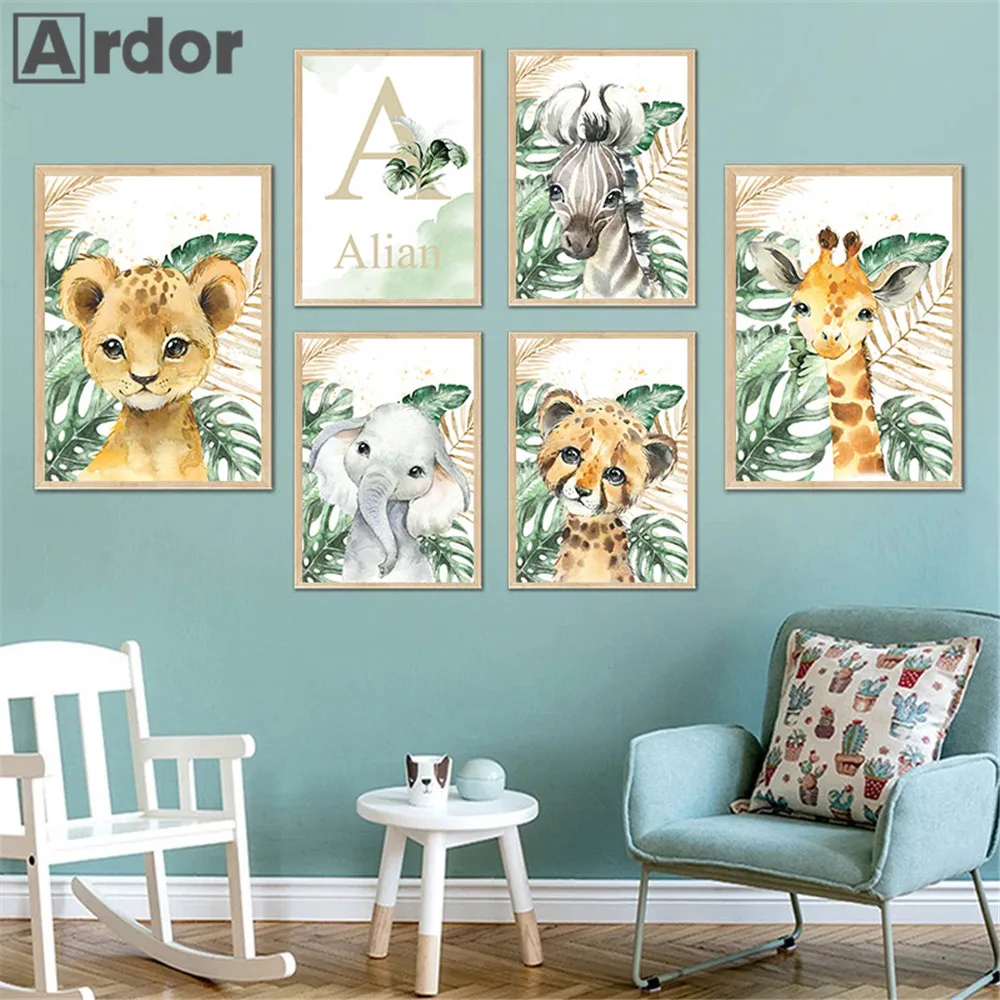 

Custom Name Wall Poster Painting Lion Giraffe Elephant Nursery Print Jungle Animal Canvas Posters Nordic Picture Kids Room Decor