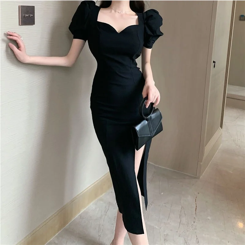 

Summer Bubble Sleeve V Neck Sexy Bodycon Female Long Maxi Dress Elegant Tunic Streetwear Frocks For Women's Fashion Dresses