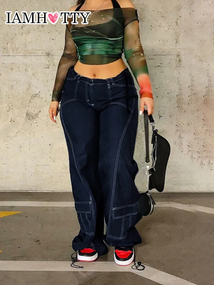 

IAMHOTTY Bright Line Big Pockets Vintage Cargo Pants High Waist Baggy Trousers Streetwear Grunge Wide Leg Casual Sweatpants Hot