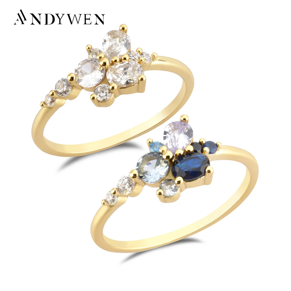 

ANDYWEN 925 Sterling Silver Gold Clear Water Ring Flower Blue Circle Women Crystal New Spring 2022 Luxury Fine Jewelry