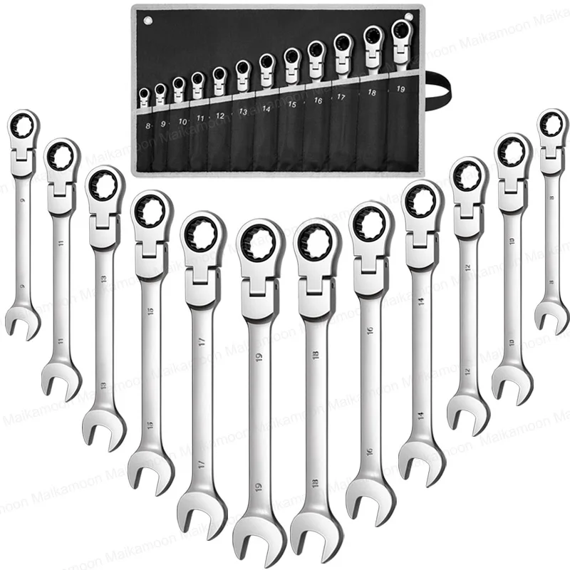 

Flex-Head Ratcheting Wrench Set, Professional Chrome Vanadium Steel Combination Wrench Ended Spanner Kit Garage Repair Tools